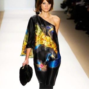 Tibi Silk One Shoulder Mini Dress Firebird Peacock Cocktail XS/S Sexy